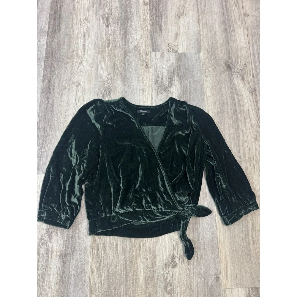 Madewell‎ Womens Velvet Side Tie Wrap Top Dark Green V-Neck Size Medium